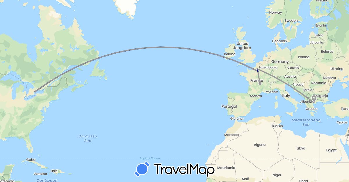 TravelMap itinerary: driving, plane in Canada, France, Greece (Europe, North America)